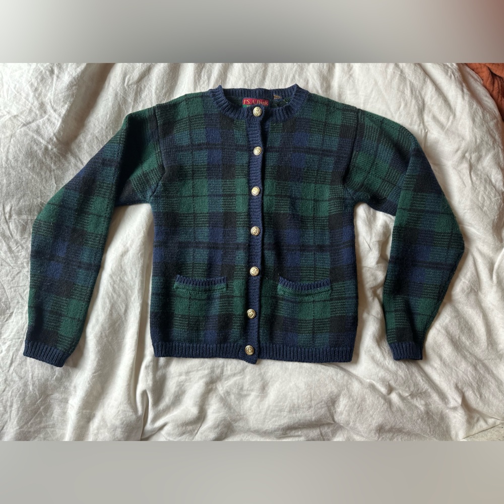 Jos. A. Bank Navy & Green Plaid Wool Cardigan